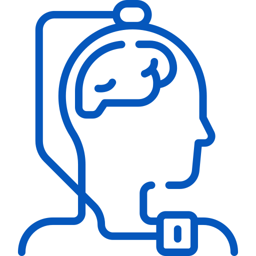 DBS Procedures Performed Blue line drawing of a side-profile head with a brain inside, symbolizing brain health or thinking.