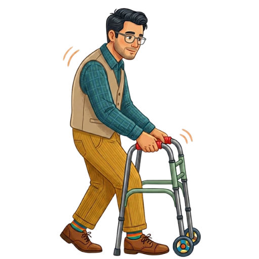 Man with glasses using a wheeled walker for support, leaning forward as he moves forward wearing a teal shirt and tan vest.