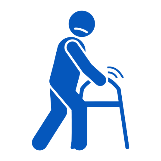 Movement Disorder Patients Blue icon showing an elderly person using a walker with a cane for mobility support, indicating accessibility.