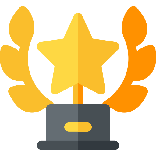 Blue award ribbon with a certificate icon in the center, representing certification or achievement.