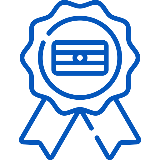 National International Awards Blue award ribbon with a certificate icon in the center, representing certification or achievement.