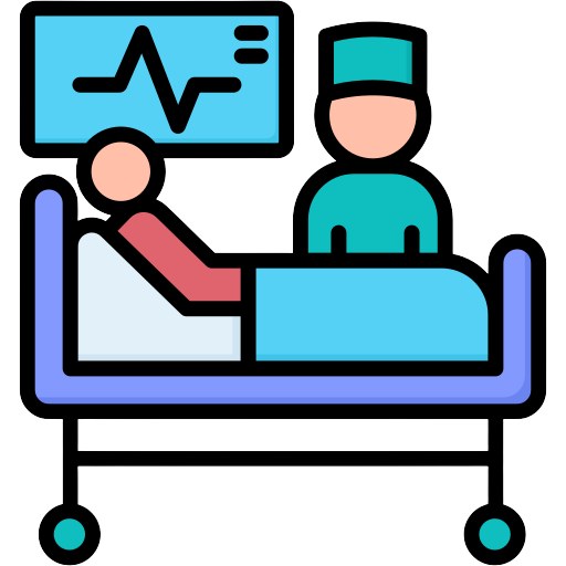 Blue icon of a patient reclining on an examination chair while a clinician with a scope prepares to perform an endoscopy.