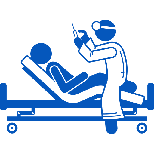Patients Treated Blue icon of a patient reclining on an examination chair while a clinician with a scope prepares to perform an endoscopy.